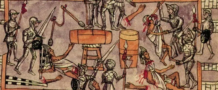 Lámina de Fray Diego Durán que representa la Matanza del Templo Mayor: soldados españoles armados con espadas y picas atacan a indígenas desarmados en el recinto sagrado, junto a tambores (teponaztli) y estandartes ceremoniales; se ven cuerpos caídos y sangre, escena tomada del Códice Durán (folio 211f, 1579-1581).