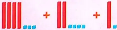 Representación de la suma con barras de decenas y cubos de unidades de material base 10.