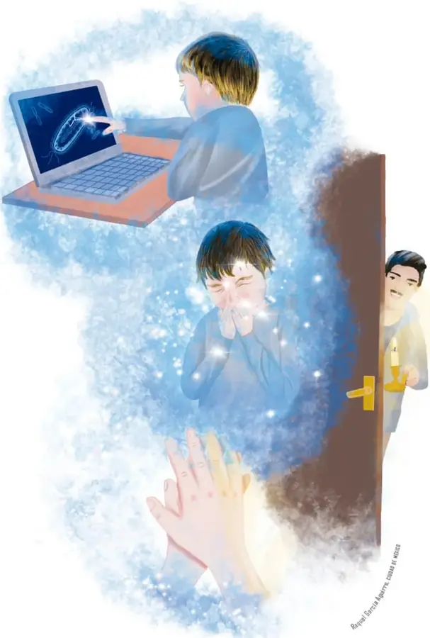 Ilustración en tonos azules con destellos: arriba, un niño de suéter azul toca con el dedo la pantalla de una laptop donde se ve un microbito amplificado; al centro, el mismo niño estornuda cubriéndose la boca con brillantes alrededor; a la derecha, un adulto asoma por una puerta abierta con una vela encendida; abajo, un par de manos se frotan con gel. Firma vertical: Raquel García Aguirre, Ciudad de México.