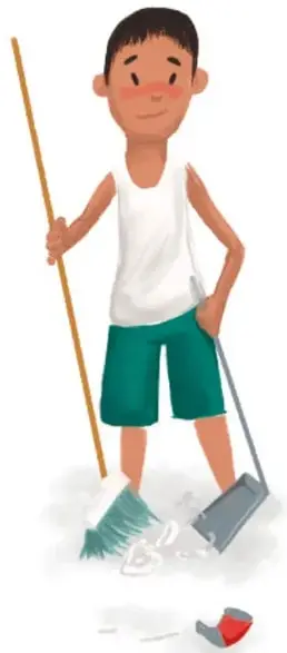 Niño sonriente con camiseta blanca y shorts verdes barriendo con escoba y recogedor; representa la imitación de la actividad. Crédito: Clara Estefanía Hernández Valdez, Guanajuato.