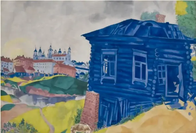 Pintura 'The Blue House' (1920) de Marc Chagall: una casa azul en primer plano, un pueblo con iglesias al fondo, colinas verdes y cielo gris.