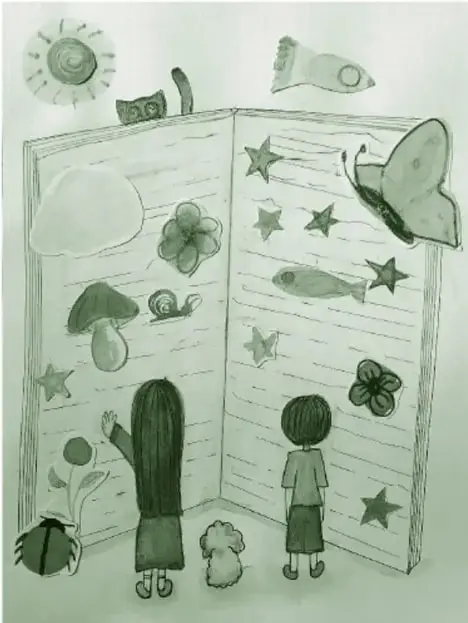 Ilustración en tonos verdes de dos niñas frente a un gran libro desplegable decorado con sol, luna, mariposas, estrellas, peces, flores, hongos y una carita de gato; en la base un perro pequeño. Firma: 'Sinai Martínez Guzmán, estado de México'.