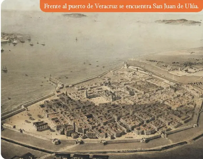 Grabado histórico del fuerte de San Juan de Ulúa, en Veracruz, rodeado por el mar, con barcos y la ciudad al fondo. Lleva el texto: 'Frente al puerto de Veracruz se encuentra San Juan de Ulúa'.
