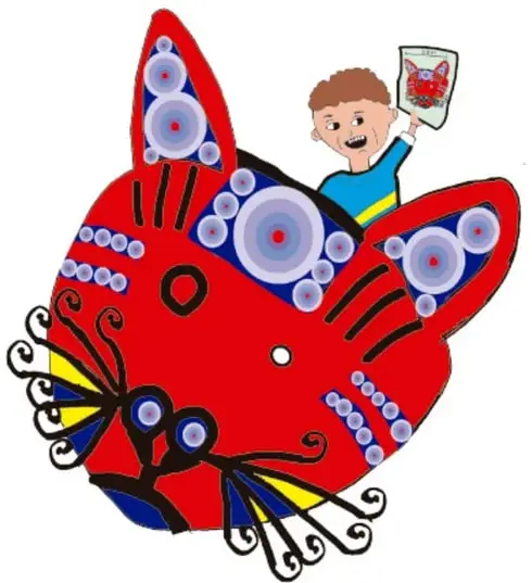 Ilustración de una máscara o alebrije rojo en forma de gato con decoraciones de círculos azules, y un niño asomándose detrás sosteniendo un dibujo; crédito de Ruttila Vega Rubio, Tlaxcala.