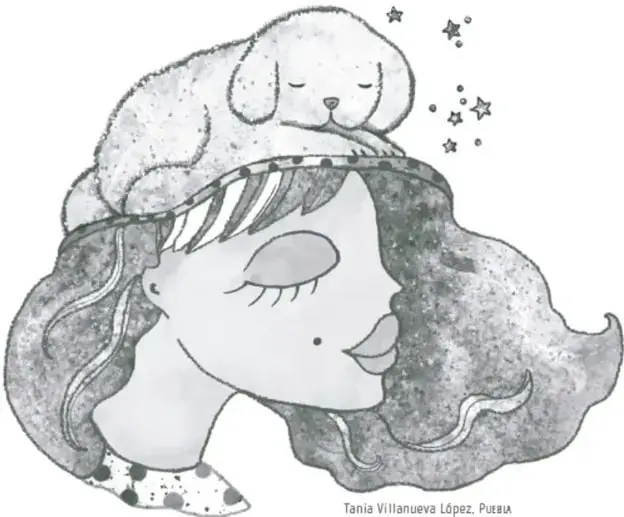 Ilustración a lápiz de una niña con los ojos cerrados y expresión serena; sobre su cabeza descansa un perrito dormido y alrededor flotan estrellas dibujadas. Crédito: Tania Villanueva López, Puebla.