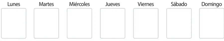 Siete casillas rotuladas con los días de la semana (Lunes a Domingo) para dibujar los símbolos de comidas; bajo ellas la expresión '7 veces 4 ●'.