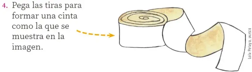 Hoja de papel con líneas de pliegue discontinuas que indican cómo doblar en 4 tiras, acompañada de tijeras y crayones.