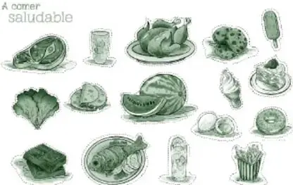 Tarjetas recortables tituladas «A comer saludable» con ilustraciones en verde: pescado, vaso con bebida, pollo asado, galletas, paleta, lechuga, pastelito, sandía, helado, postre, huevo, dona, pan, platillo con pescado, agua embotellada y papas fritas.