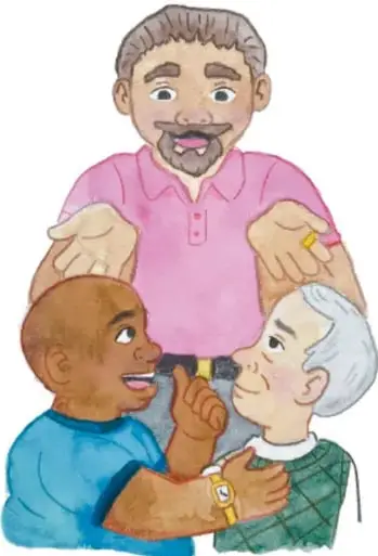 Ilustración de tres personas (un hombre de cabello canoso, un niño y una señora mayor) conversando en círculo. Crédito: Ana Patricia Chávez Hernández, Querétaro.