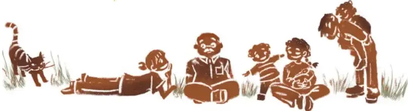 Ilustración de varias familias conviviendo en el pasto, con un gato entre ellas.