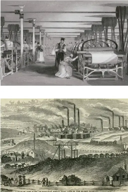 Grabado de una fábrica textil de inicios de la industrialización, con obreros frente a grandes máquinas hiladoras movidas por transmisiones de correas.