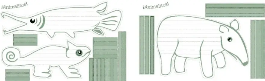 Tres figuras recortables de animales con franjas y marcas de corte: un pez de hocico alargado, un camaleón con cola enrollada y un oso hormiguero, junto con sus tiras de papel para tejer.