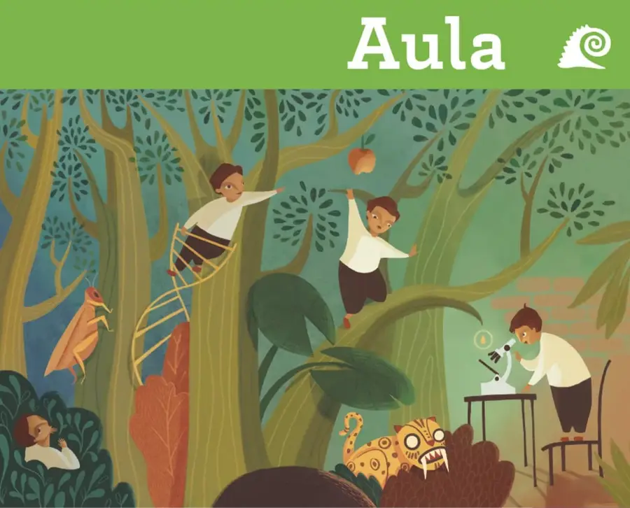 Ilustración de un entorno natural con árboles grandes, hojas y un río. Aparecen varios niños y niñas: uno sube una escalera de cuerda, otro cuelga de una rama, otro observa con un microscopio sobre una mesa, otro está escondido entre arbustos. También hay un insecto tipo saltamontes, un jaguar y una manzana.