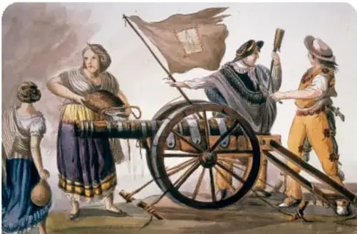 Litografía que muestra a civiles y militares insurgentes con un cañón.
