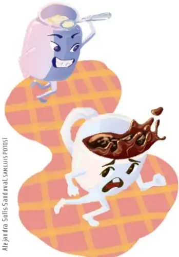 Un tazón antropomórfico sonriente con leche y cuchara salta sobre un panque antropomórfico que se deshace; sobre fondo de waffles naranjas. Ilustración de Alejandra Solís Sandoval, San Luis Potosí.
