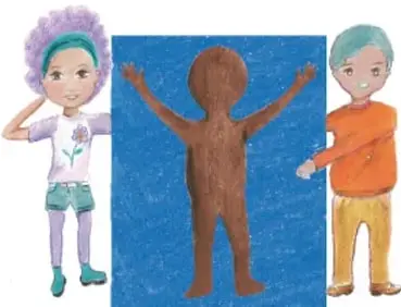 Ilustración de dos niñas junto a una silueta humana marrón trazada sobre cartón azul, con las piernas separadas y las manos extendidas hacia arriba. Crédito: Ana Cecilia Gaytán Ortiz, Guanajuato.