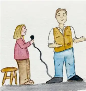 Ilustración de una niña entrevistando a un adulto con un micrófono, como ejemplo de participación y diálogo con autoridades.