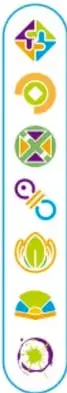 Columna de siete iconos coloridos en una píldora azul, uno por cada eje articulador.