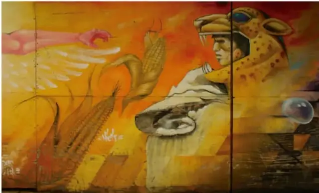 Reproducción de un mural o pintura contemporánea mexicana en tonos cálidos (naranjas, amarillos) que muestra figuras humanas, un ave y elementos simbólicos, ilustrando la creación artística desde la identidad.