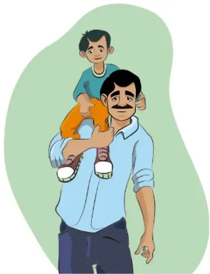 Ilustración de un padre con un niño sobre sus hombros (Valente y su padre). Ilustrador: Jorge Eduardo Moussong Lavalle, Ciudad de México.