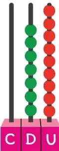 Ábaco de tres varillas rotuladas C, D y U: la varilla C está vacía, la D tiene 7 fichas verdes y la U tiene 9 fichas rojas.
