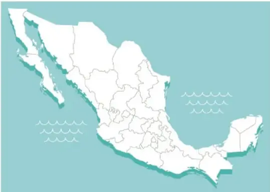 Mapa de México con división política, en blanco y negro, con fondo azul claro que representa los océanos.