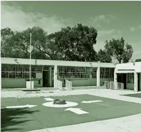 Fotografía del patio de una escuela de preescolar, en tono verde, donde en el piso se aprecia la señalética pintada del punto de reunión: un círculo central rodeado de flechas que convergen desde varias direcciones; al fondo, el edificio escolar con rejas y árboles.