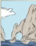 Ilustración de un paisaje costero con acantilados y mar.