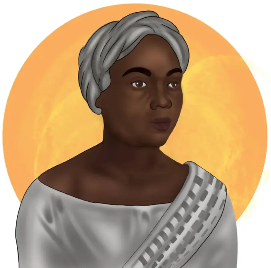 Retrato ilustrado de una mujer afrodescendiente mayor con turbante gris sobre fondo solar naranja, símbolo del movimiento cimarrón andino.
