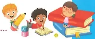 Ilustración decorativa de niños leyendo y escribiendo.