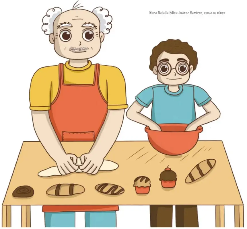 Abuelo de camiseta amarilla y mandil rojo amasando masa; niño de camiseta azul mezclando en un tazón rojo; en la mesa, panes, conchas y panqués.