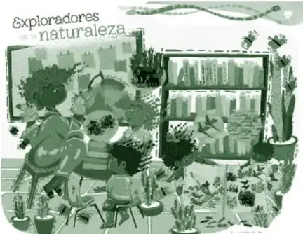 Ilustración del recurso 'Exploradores de la naturaleza': niñas y niños consultando libros y estanterías en una biblioteca con plantas, investigando sobre animales.