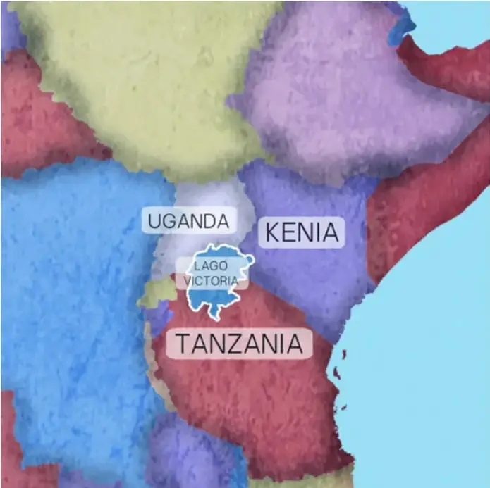 Mapa estilizado del África Oriental con tres países etiquetados (UGANDA, KENIA, TANZANIA) y la silueta del LAGO VICTORIA al centro.