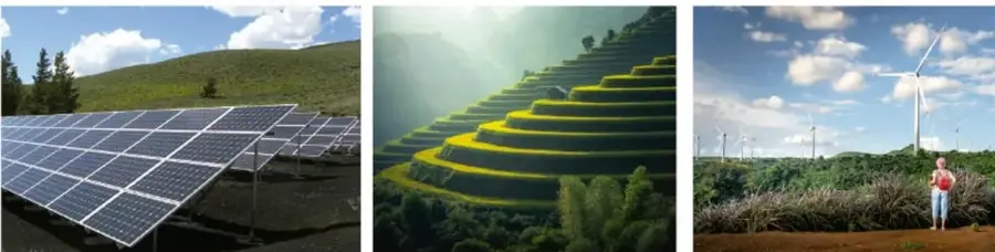Paneles solares instalados en un paisaje verde con árboles y cielo azul.