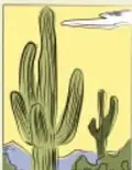 Estampilla ilustrada de un paisaje desértico con cactus cardón grandes y pequeños.