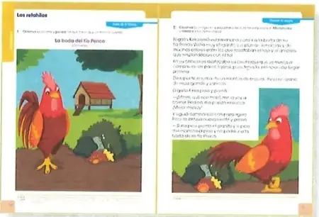 Doble página de un texto literario ilustrado sobre un gallo, presentada como ejemplo de trabajo del bloque Literatura.