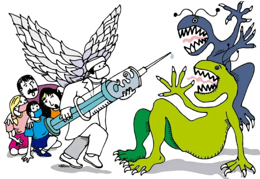 Ilustración de una persona con alas grandes, bata blanca, cubrebocas y cofia, que sostiene una jeringa gigante con gota en la punta, enfrentando dos monstruos (uno verde y uno azul) con dientes y garras que representan enfermedades; detrás, una familia con niños, algunos con cubrebocas. Columna izquierda con íconos decorativos. Crédito: Rutila Vega Rubio, TLAXCALA.
