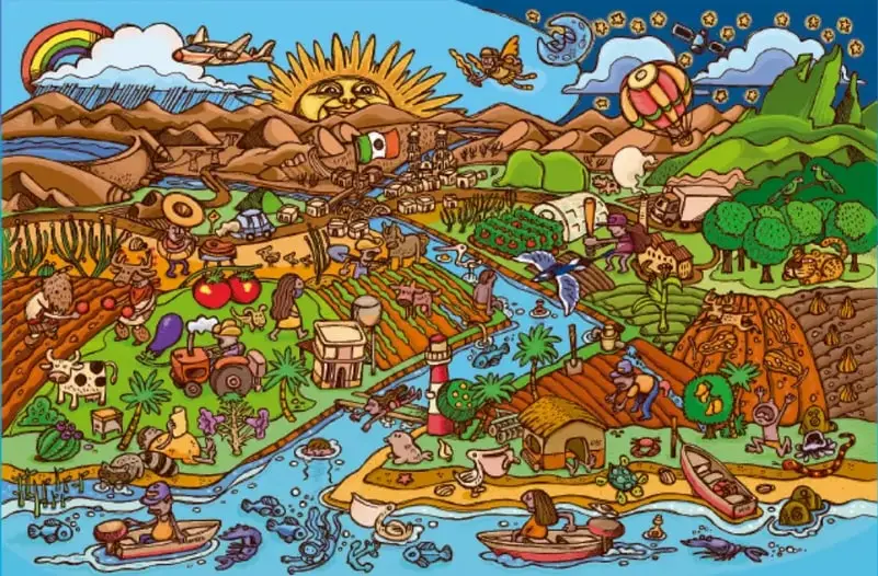 Ilustración panorámica colorida de un paisaje mexicano con cielo diurno y nocturno a la vez: sol y luna con rostro, arcoíris, montañas, campos de cultivo, animales de granja, río, mar, faro, botes y fauna marina. Crédito: José Alfredo (Ito) Contreras Godínez, Sinaloa.