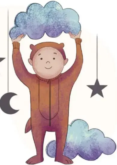 Niño en traje café con cuernos que sostiene nubes y estrellas colgantes sobre fondo nocturno.