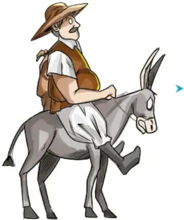 Ilustración de un hombre regordete con sombrero y vestimenta campesina montado en un burro; evoca a Sancho Panza. Crédito: Carlos Javier Melgar Rincón, Michoacán.