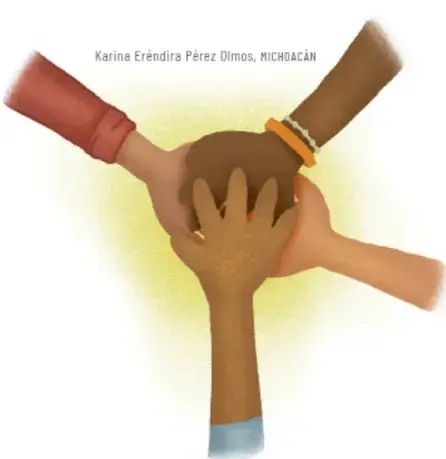 Ilustración de manos de distintos tonos de piel unidas en círculo, símbolo de unidad y solidaridad. Crédito: Karina Eréndira Pérez Olmos, MICHOACÁN.