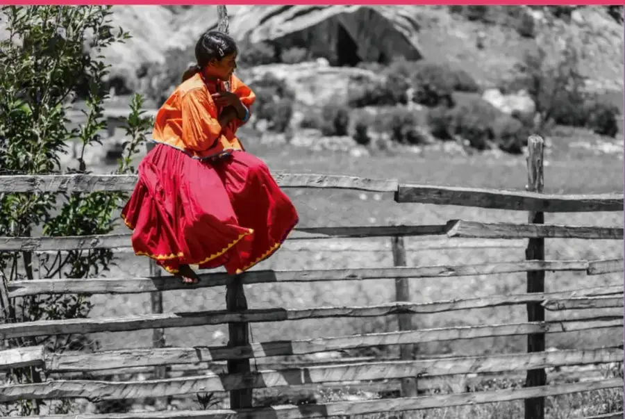 Fotografía en blanco y negro (con el vestido a color) de una niña indígena con falda roja y blusa naranja sentada sobre una cerca de madera en un entorno rural; crédito: Daliri Oropeza A.