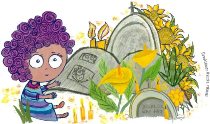 Alejandra, con su cabello morado rizado, abre la tapa de su tumba como quien abre un libro de dibujos, entre velas, girasoles, alcatraces amarillos y una lápida que dice «DEAD-END PARADISE».