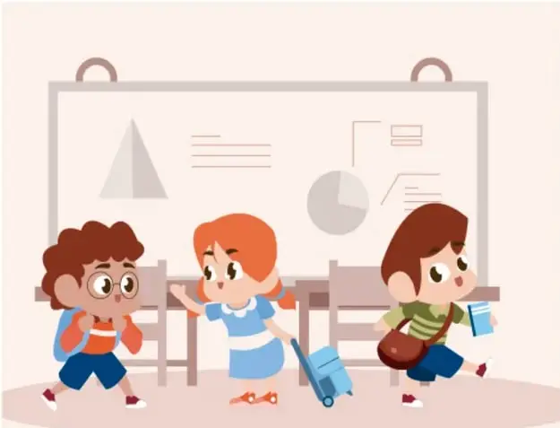Ilustración de tres estudiantes en un salón: un niño con mochila, una niña señalando un pizarrón y otro niño con un libro, junto a un pizarrón con figuras geométricas y una gráfica circular.