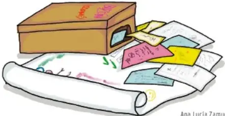 Ilustración de la caja-buzón con papeles de colores depositados alrededor sobre un pliego de papel.