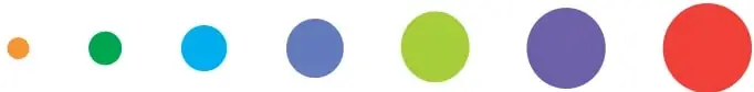 Fila de 7 círculos de distintos colores (naranjo, verde, celeste, azul, verde claro, morado y rojo) que aumentan de tamaño de izquierda a derecha.