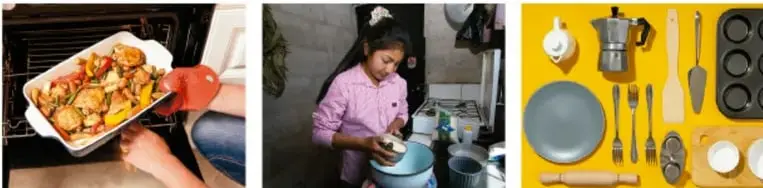 Persona sacando del horno una bandeja refractaria con alimentos, usando guante de cocina.