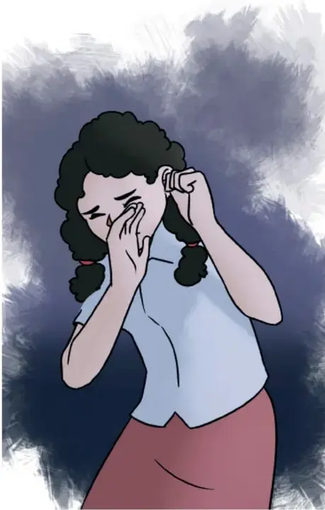 Ilustración de una mujer joven con cabello oscuro recogido, cubriéndose el rostro con las manos, sobre un fondo oscuro y texturizado.