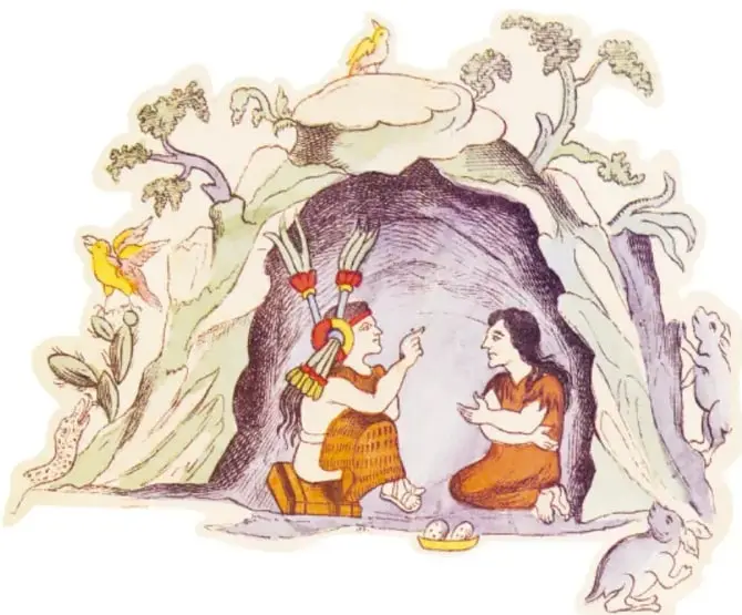 Ilustración de códice: un hombre con penacho y una mujer conversan dentro de una cueva o gruta con vegetación, un pájaro amarillo y conejos alrededor; frente a ellos hay un plato con objetos.