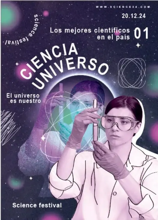 Portada ilustrada de ejemplo de una revista de divulgación titulada "CIENCIA UNIVERSO" con fondo espacial, una científica con bata y lentes de seguridad observando un tubo de ensayo; textos: www.science24.com, 20.12.24, "Los mejores científicos en el país 01", "El universo es nuestro", "Science festival".